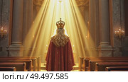A patriarch in a golden crown stands in a church with rays of light. Medieval king prays at cathedral. Стоковое AI-видео, аниматор Sergey Grishin / Фотобанк Лори