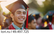 A young man standing proudly while wearing a graduation cap and gown, celebrating his academic achievement. Стоковое AI-изображение, AI-художник Данила Большаков / Фотобанк Лори
