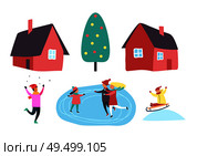 Winter season people outdoor having fun together set vector. Christmas decorated pine tree, houses and family skating on ice. Sledges riding by child. Winter Season People Outdoor Together Set Vector. Стоковая иллюстрация, агентство Ingram Publishing / Фотобанк Лори