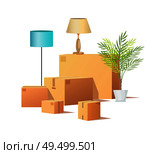 Box carton cargo, delivery of packages vector. Houseplant in pot, leaves of tropical plant. Torchiere standing lamp, cardboard containers isometric. Box Carton Cargo, Delivery of Packages Vector. Стоковая иллюстрация, агентство Ingram Publishing / Фотобанк Лори