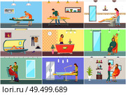 Spa salon pedicure and barber shop procedures vector set. Receptionist on reception, massage and masseur, tanning process and cosmetician, hair styling. Spa Salon Pedicure and Barber Vector Posters Set. Стоковая иллюстрация, агентство Ingram Publishing / Фотобанк Лори