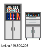 Vet clinic bookcase with files and documents isolated icons vector. Chest of drawers with medications and curing treatment. Bottles with pills tablets. Vet Clinic Bookcase with Files and Documents Icons. Стоковая иллюстрация, агентство Ingram Publishing / Фотобанк Лори
