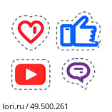 Like and thumb up social network items, heart popularity and fame vector. Video patch and chatting box, thought bubble for text and message content. Like and Thumb Up Social Network Items Vector. Стоковая иллюстрация, агентство Ingram Publishing / Фотобанк Лори
