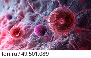 A group of red and pink cells clustered together inside a cell, showing intricate cellular structures and interactions. Стоковое AI-изображение, AI-художник Данила Большаков / Фотобанк Лори