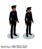 Policewoman and policeman people in black uniform with badges. Worker protecting from criminals. Cop on duty 3d isometric copper police officer vector. Policewoman and Policeman Vector Illustration. Стоковая иллюстрация, агентство Ingram Publishing / Фотобанк Лори