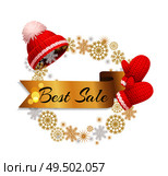 Best winter sale poster, warm red hat with white pom-pom and knitted glove, golden wreath made of snowflakes and ribbon. Woolen mittens and headwear vector. Best Winter Sale Offer Poster Warm Red Hat, Gloves. Стоковая иллюстрация, агентство Ingram Publishing / Фотобанк Лори