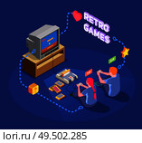 Isometric composition with two people playing with retro gadgets on blue background 3d vector illustration. Retro Gadgets Composition. Стоковая иллюстрация, агентство Ingram Publishing / Фотобанк Лори