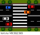 Road city street transport composition with top view of motorway section with cars and crosswalk stripes vector illustration. Стоковая иллюстрация, агентство Ingram Publishing / Фотобанк Лори
