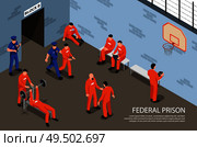 Federal prison isometric background with inmates engaged in physical exercises in sports hall under supervision guards vector illustration. Стоковая иллюстрация, агентство Ingram Publishing / Фотобанк Лори