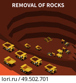 Mining machinery trucks and excavators removing rocks from big quarry 3d isometric vector illustration. Стоковая иллюстрация, агентство Ingram Publishing / Фотобанк Лори