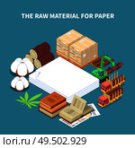 Paper production isometric background with raw wood materials and machinery for timber harvesting vector Illustration. Стоковая иллюстрация, агентство Ingram Publishing / Фотобанк Лори