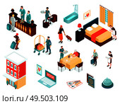 Hotel isometric icons set of passports air tickets booking service receptionist concierge maid vector illustration. Стоковая иллюстрация, агентство Ingram Publishing / Фотобанк Лори