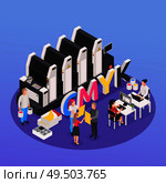 Polygraphy isometric composition with color and paint industry symbols  vector illustration. Стоковая иллюстрация, агентство Ingram Publishing / Фотобанк Лори