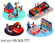 Supermarket 4 isometric compositions concept with fruits vegetables meat poultry grocery promo sections customers isolated vector illustration. Стоковая иллюстрация, агентство Ingram Publishing / Фотобанк Лори