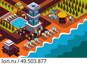 Resort beach hotel full lodging service located on shore exterior territory swimming pool isometric view vector illustration. Стоковая иллюстрация, агентство Ingram Publishing / Фотобанк Лори