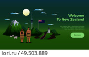 New zealand horizontal banner with see more button editable text and images of landmarks and natives vector illustration. Стоковая иллюстрация, агентство Ingram Publishing / Фотобанк Лори