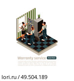 Warranty service isometric composition with technical staff called to house to diagnose of non working household appliance vector illustration. Стоковая иллюстрация, агентство Ingram Publishing / Фотобанк Лори