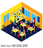 Robot automation composition with view of robotized cafe interior with people at tables served by robots vector illustration. Стоковая иллюстрация, агентство Ingram Publishing / Фотобанк Лори