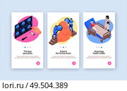 Neurological medical center 3 vertical isometric banners set with scientific brain exploration and healthcare specialists vector illustration. Стоковая иллюстрация, агентство Ingram Publishing / Фотобанк Лори