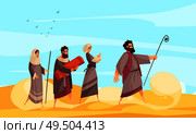Bible narratives composition with desert scenery and character of moses leading people the way through sands vector illustration. Стоковая иллюстрация, агентство Ingram Publishing / Фотобанк Лори