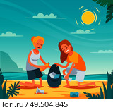 Beach cleanup flat composition with volunteers collecting washed up rubbish bottles drinking beakers plastic junk vector illustration. Стоковая иллюстрация, агентство Ingram Publishing / Фотобанк Лори