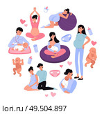 Childbirth flat design concept with pregnant women pediatrician and newborn isolated icons vector illustration. Стоковая иллюстрация, агентство Ingram Publishing / Фотобанк Лори