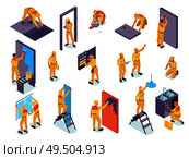 Home repair isometric set with craftspeople pasting wallpaper install doors laying tiles  painting walls isolated vector illustration. Стоковая иллюстрация, агентство Ingram Publishing / Фотобанк Лори
