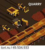 Mining machinery background with trucks and excavators loading rocks 3d vector illustration. Стоковая иллюстрация, агентство Ingram Publishing / Фотобанк Лори