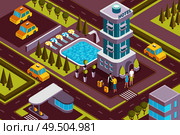 Modern hotel building exterior isometric composition with outdoor facilities parking lot arriving guests porter service vector illustration. Стоковая иллюстрация, агентство Ingram Publishing / Фотобанк Лори