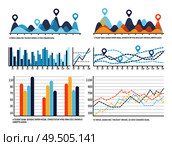 Infochart with data, flowchart visual information representation vector. Diagrams and schemes, charts with falling and growing lines design results. Infochart with Data, Flowchart Visual Information. Стоковая иллюстрация, агентство Ingram Publishing / Фотобанк Лори