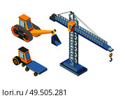 Excavator and construction machinery, lifting crane isolated icons vector. Machines with shovel and digger, hydraulic transport structure development. Excavator Construction Machinery, Lifting Crane. Стоковая иллюстрация, агентство Ingram Publishing / Фотобанк Лори