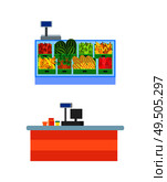 Supermarket empty seller counters and desks of cashier vector. Shelves with fruits in boxes, watermelon and pineapples, melons and pears showcase. Supermarket Empty Seller Counters and Desks Vector. Стоковая иллюстрация, агентство Ingram Publishing / Фотобанк Лори