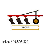 Plow plowing machinery poster with text and device for soil cultivation. Plough agricultural vehicle machine for farming usage isolated icon vector. Plow Plowing Machinery Poster Vector Illustration. Стоковая иллюстрация, агентство Ingram Publishing / Фотобанк Лори
