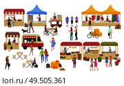 Marketplace, stalls of sellers and shopping people vector. Clothes and food shops butchery and backery with meat and bread. Cafe and resting customers. Marketplace, Stalls of Sellers and Shopping People. Стоковая иллюстрация, агентство Ingram Publishing / Фотобанк Лори