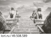 Temples of Durbar Square in Bhaktapur, Kathmandu valey, Nepal. Black and white photography. Стоковое фото, агентство Ingram Publishing / Фотобанк Лори
