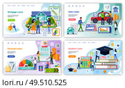 Mortgage and personal loan, student money borrowings, posters set vector. Education of people, buying car and transport, house, business start up. Mortgage and Personal Loan, Student Money Set. Стоковая иллюстрация, агентство Ingram Publishing / Фотобанк Лори