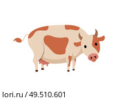 Cow emblem in simple style vector icon isolated on white. Big domestic animal, horned dairy cattle with spots on skin on back, with udder with milk. Cow Isolated Emblem in Cartoon Style Vector Icon. Стоковая иллюстрация, агентство Ingram Publishing / Фотобанк Лори
