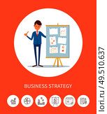 Business seminar, businessman with presentation vector. Head of company, analyst with whiteboard and data, charts and diagrams, plan strategy presenter. Business Seminar, Businessman with Presentation. Стоковая иллюстрация, агентство Ingram Publishing / Фотобанк Лори
