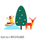 Christmas tree reindeer kid on slope vector. Evergreen pine decorated with balls and garlands toys. Animal and kid sitting on sledges riding downhill. Christmas Tree Reindeer and Kid on Slope Vector. Стоковая иллюстрация, агентство Ingram Publishing / Фотобанк Лори