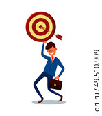 Arrow achieved target, vector happy businessman with briefcase reached goal. Happy executive worker in suit made perfect shot, gained dreamed and planned. Arrow Achieved Target, Vector Happy Businessman. Стоковая иллюстрация, агентство Ingram Publishing / Фотобанк Лори