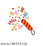 Happy New Year flapper with spiral confetti papers. Vector icon isolated party cracker exploding with festive colorful elements and jolly ticker tapes. Happy New Year Flapper with Spiral Confetti Papers. Стоковая иллюстрация, агентство Ingram Publishing / Фотобанк Лори