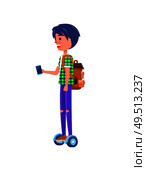 Boy riding on gyroboard personal transporter with smartphone side view. Autonomous two-wheeled self-balancing transport, gyroscooter and teenager. Boy Rides on Segway Personal Transporter Gyroboard. Стоковая иллюстрация, агентство Ingram Publishing / Фотобанк Лори