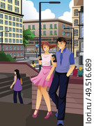 A vector illustration of couple checking on their phones in the city. Стоковая иллюстрация, агентство Ingram Publishing / Фотобанк Лори