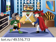 A vector illustration of Two little boys playing with swords. Стоковая иллюстрация, агентство Ingram Publishing / Фотобанк Лори