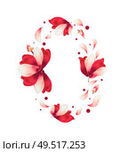 Beautiful red flowers and petals circle frame, isolated on white background. Creative floral layout. Flying flowers. Red Amaryllis flowers wreath. Стоковое фото, агентство Ingram Publishing / Фотобанк Лори