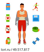 Weight loss person and isolated icons set vector. Man with bcaa, pedometer and pills, dumbbells and running woman. Meter roll and capsule in container. Weight Loss Person and Icons Vector Illustration. Стоковая иллюстрация, агентство Ingram Publishing / Фотобанк Лори