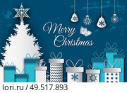 Merry Christmas postcard. Fire-tree with big star on the top and different presents with bows. Four different toys with background ice vector illustration. Merry Christmas Postcard Tree and Presents Vector. Стоковая иллюстрация, агентство Ingram Publishing / Фотобанк Лори
