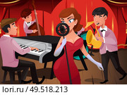 A vector illustration of jazz band with a female singer in a night club. Стоковая иллюстрация, агентство Ingram Publishing / Фотобанк Лори