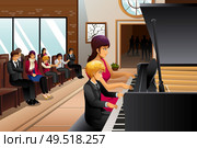 A vector illustration of boy in piano recital with his teacher. Стоковая иллюстрация, агентство Ingram Publishing / Фотобанк Лори