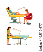 Spa salon cosmetician procedures on face and pedicure toe nails care vector. Beauty experts working with clients relaxing on chris. Pedicurist service. Spa Salon Cosmetician Procedures and Pedicure Vector. Стоковая иллюстрация, агентство Ingram Publishing / Фотобанк Лори